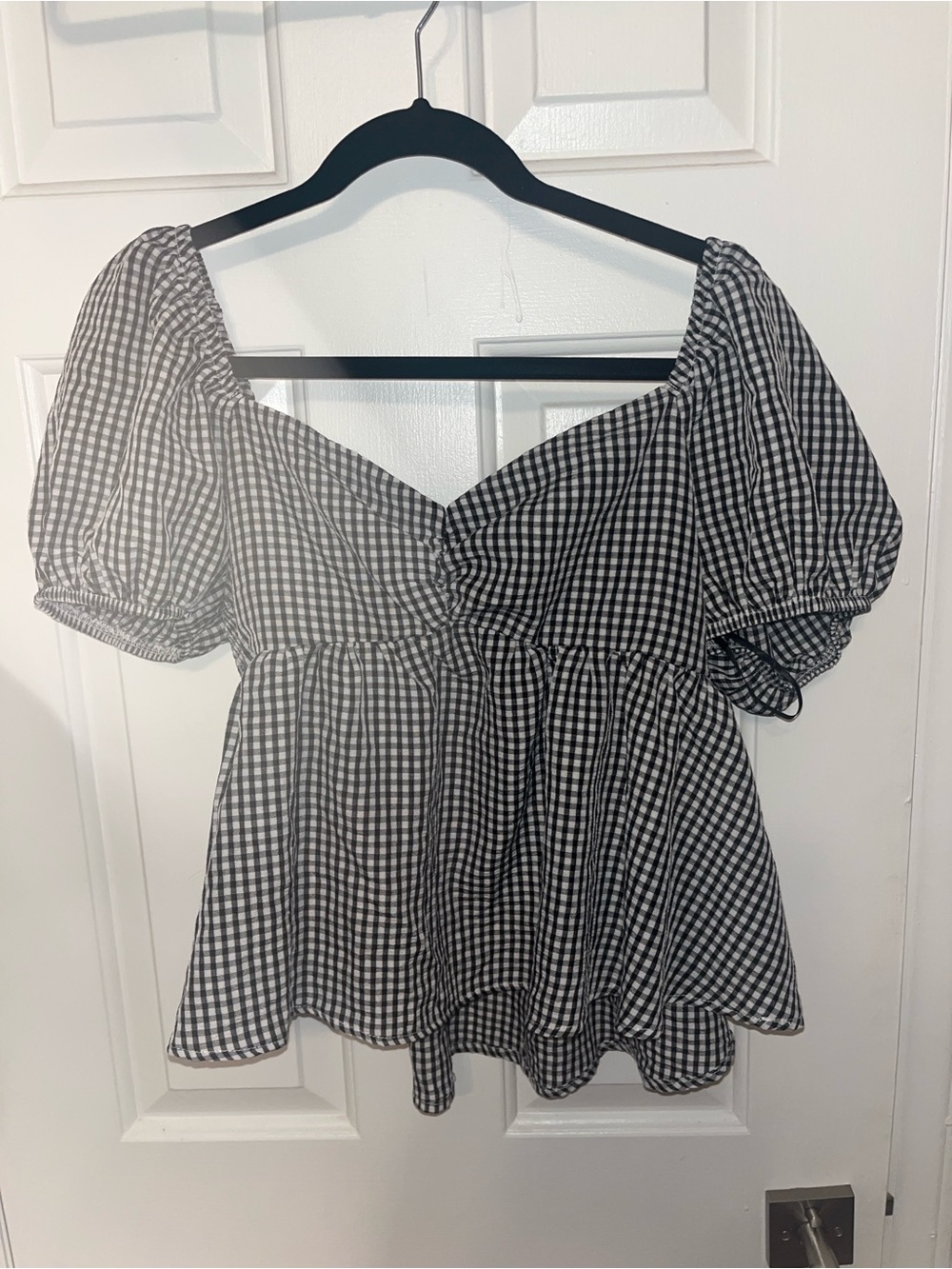 Gingham Puff Sleeve Peplum Blouse in Black & White
